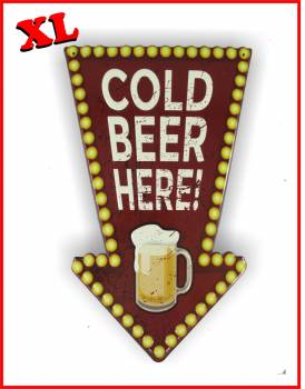 Roter Pfeil mit angedeuteten Lampen umrandet und weisser Aufschrift Cold Beer Here  und einem gefüllten Bierglas