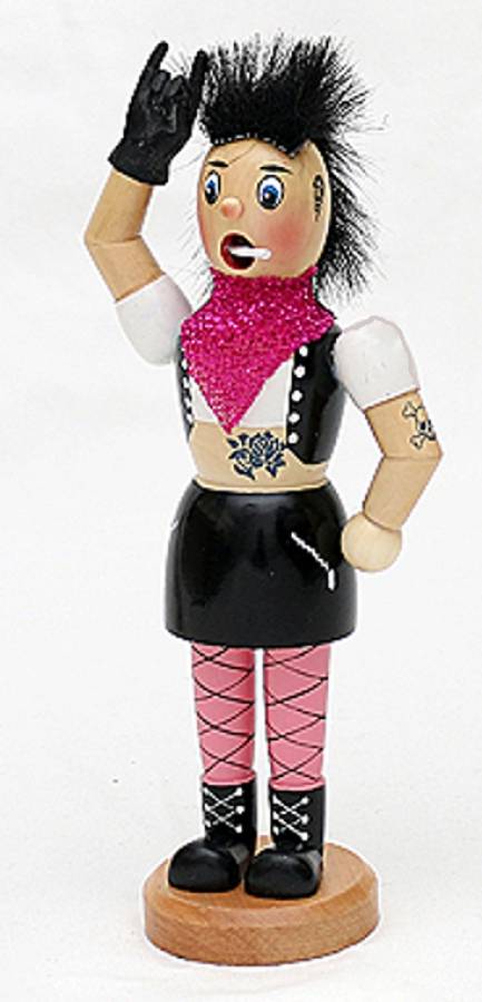 Räucherfigur Räucherfrau Punker Lady mit hochstehenden schwarzen Haaren, rosa Halstuch Weste und Minirock. Im Mund eine Zigarette